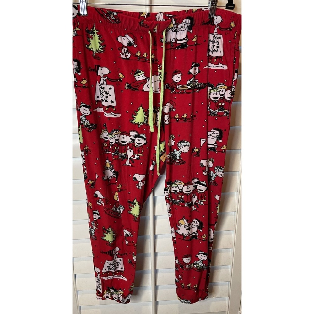 Peanuts Womens L Pajama Pants Red Christmas Snoopy Charlie Brown Fleece Holiday
